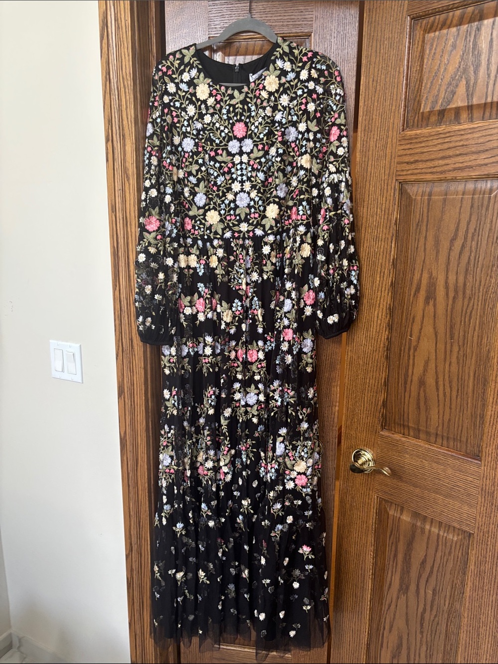 Mac Duggal Black Maxi Dress with Multicolor Floral Embroidery